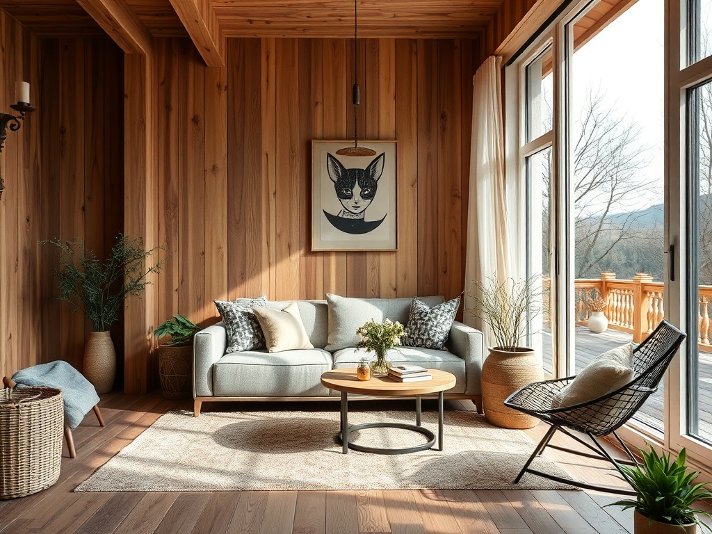 Светлая гостиная с деревянными стенами, уютным диваном и видом на природу через большие окна.