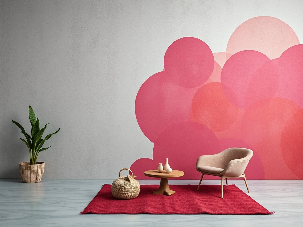 Современный интерьер с креслом, столиком и зелёным растением на фоне розовой стены с круглыми узорами.